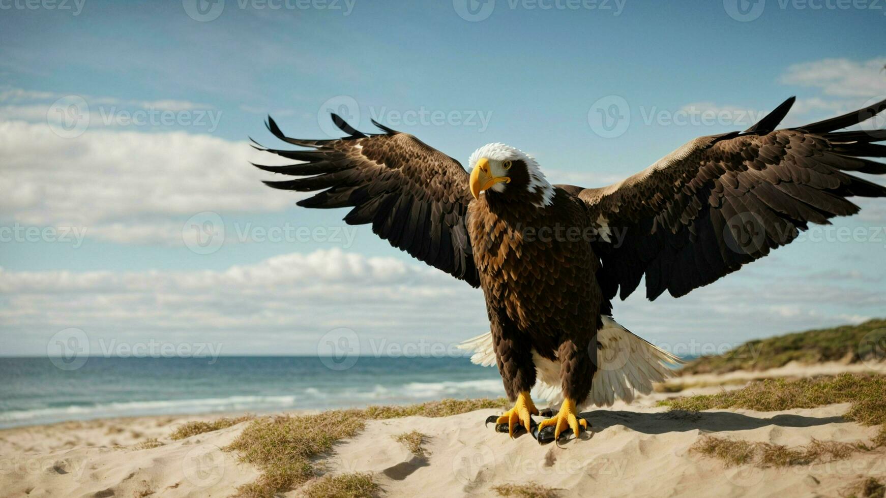 A beautiful summer day with blue sky and a lone Steller's sea eagle over the beach AI Generative photo