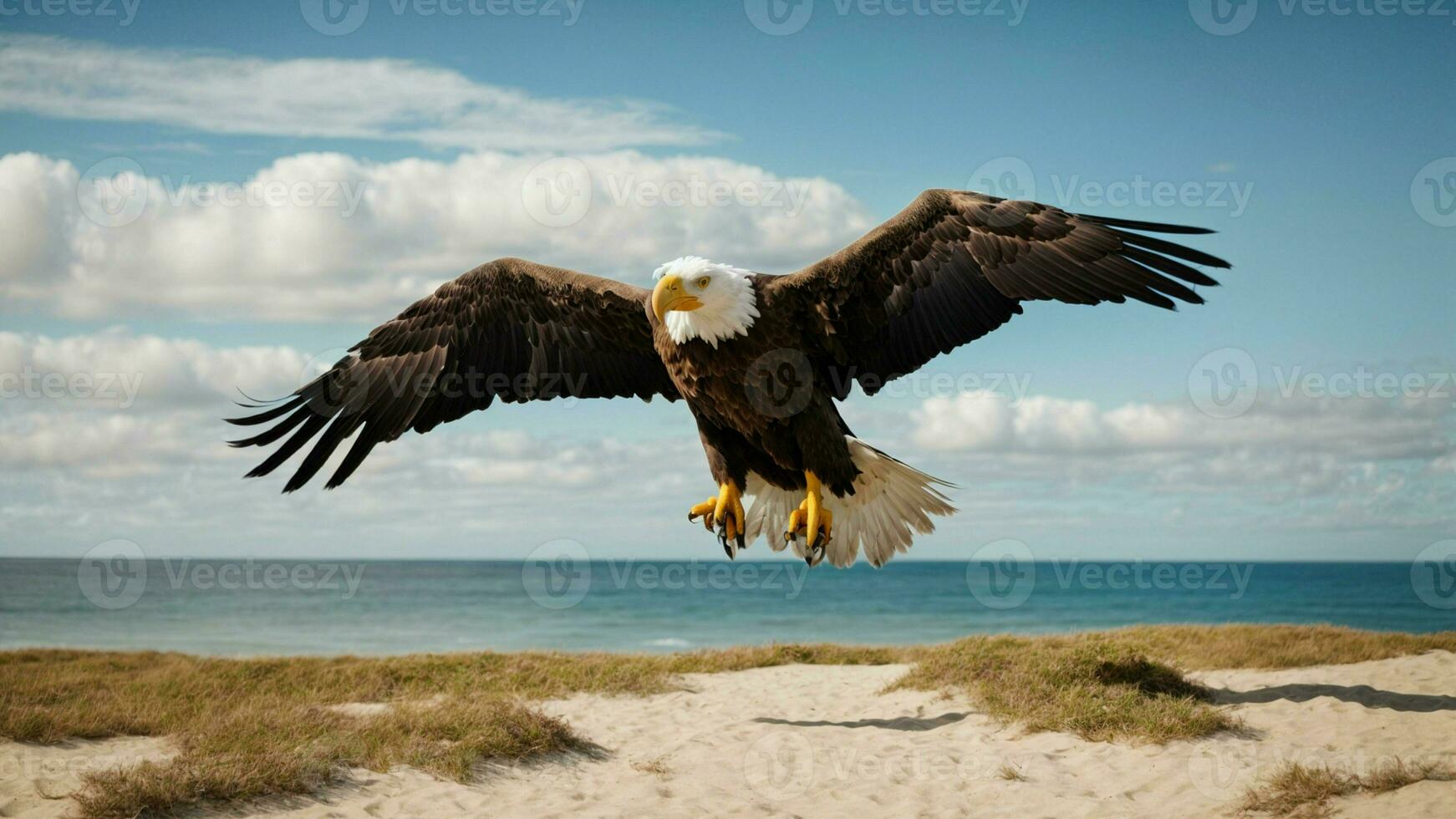 A beautiful summer day with blue sky and a lone Steller's sea eagle over the beach AI Generative photo