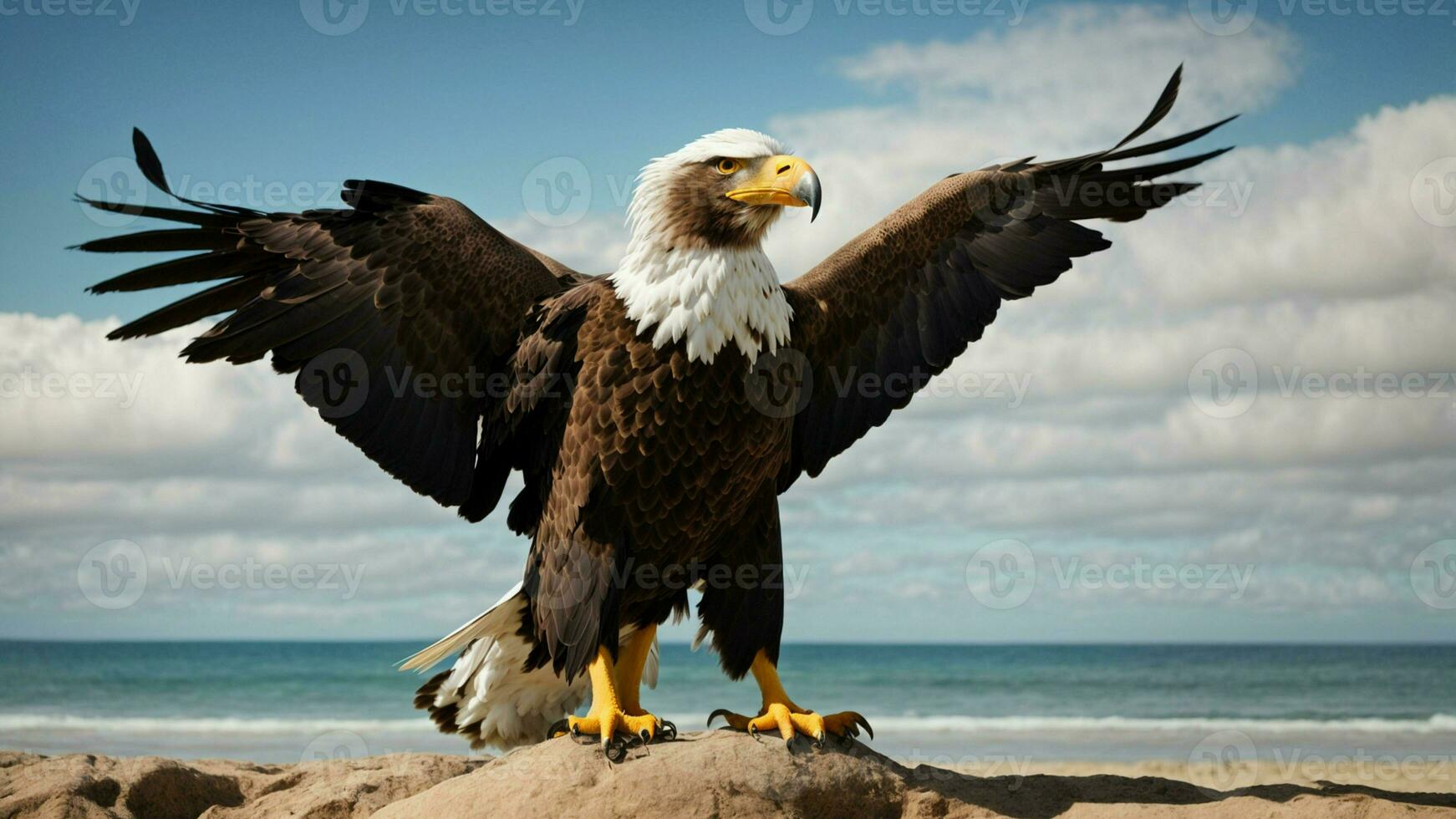 A beautiful summer day with blue sky and a lone Steller's sea eagle over the beach AI Generative photo