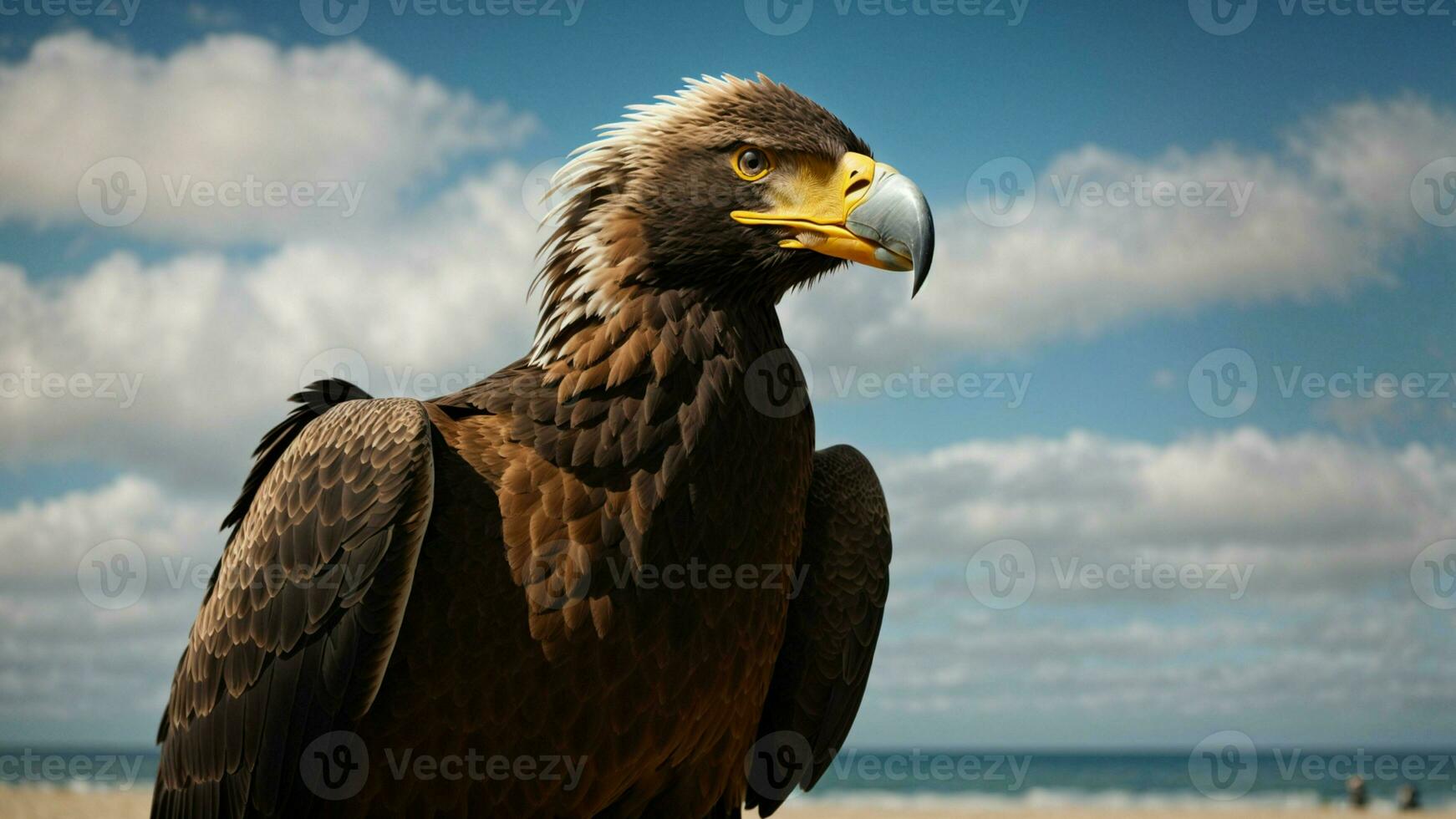 A beautiful summer day with blue sky and a lone Steller's sea eagle over the beach AI Generative photo