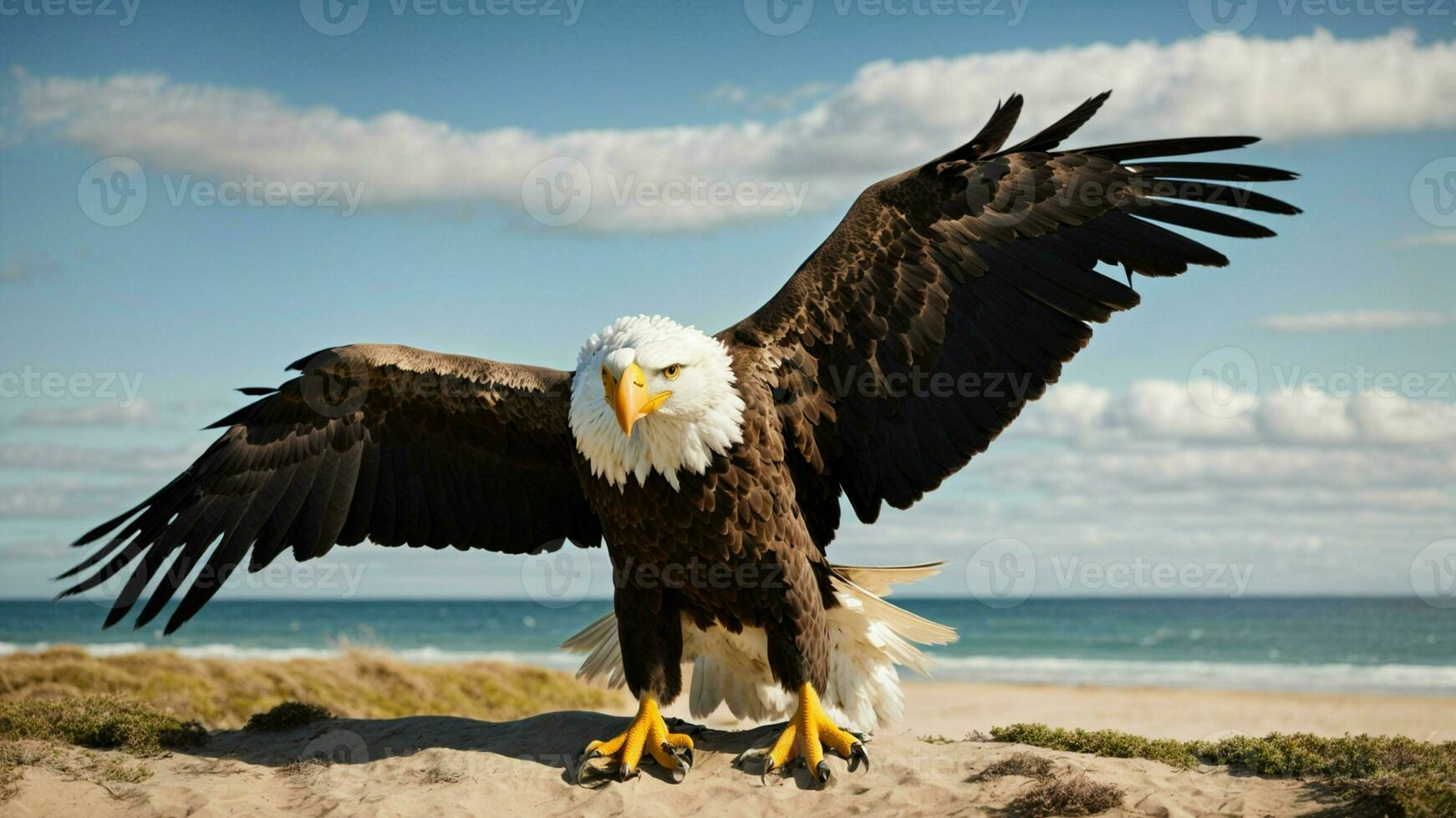 A beautiful summer day with blue sky and a lone Steller's sea eagle over the beach AI Generative photo