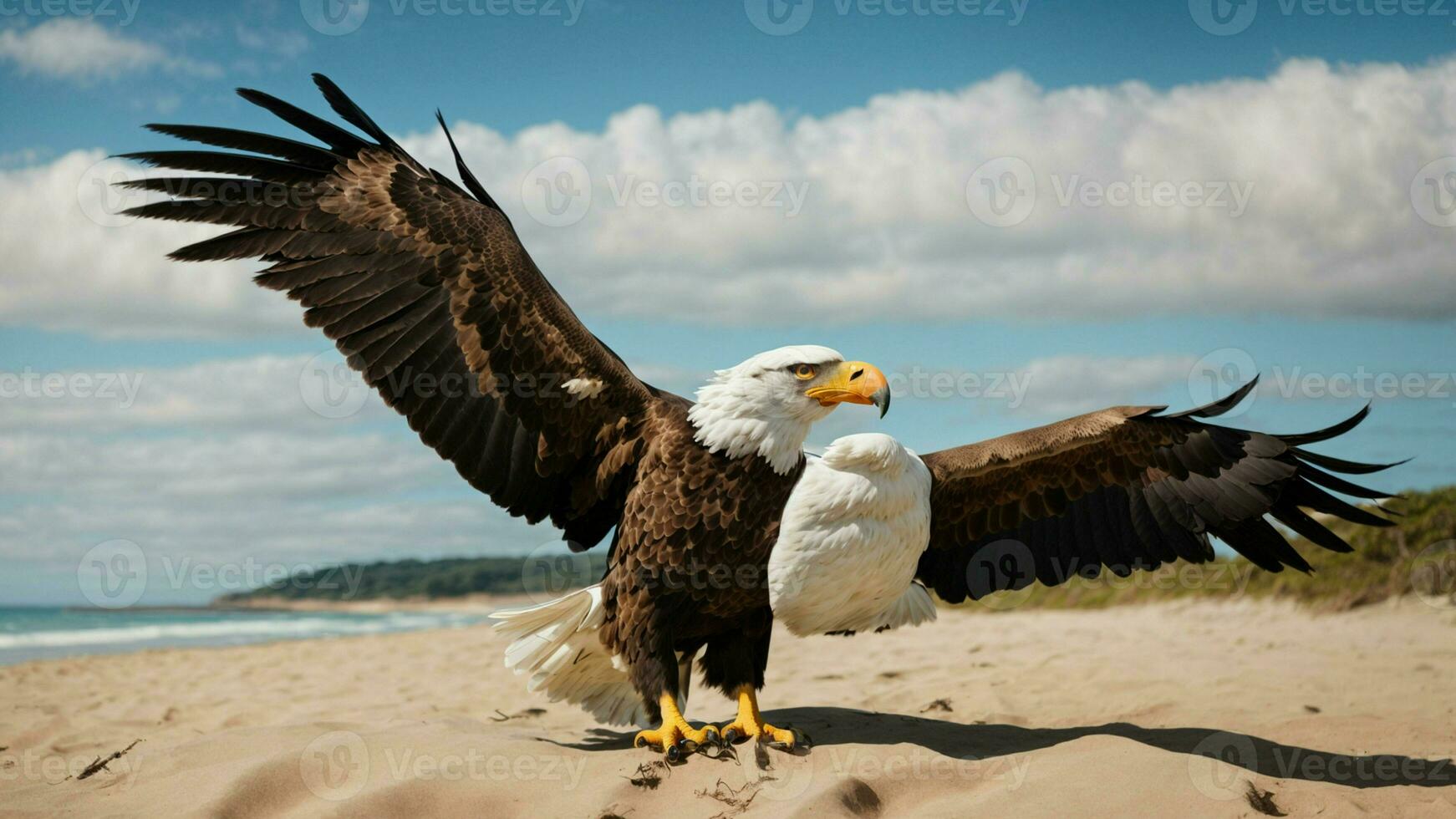 A beautiful summer day with blue sky and a lone Steller's sea eagle over the beach AI Generative photo