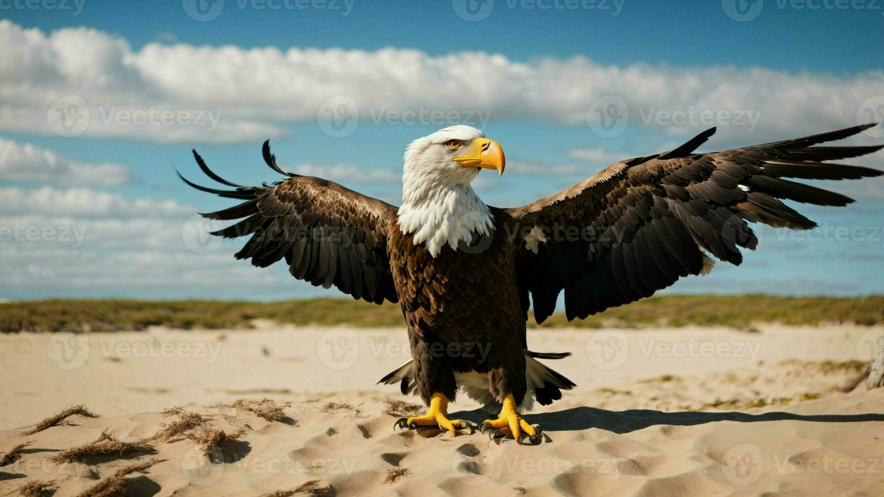 A beautiful summer day with blue sky and a lone Steller's sea eagle over the beach AI Generative photo