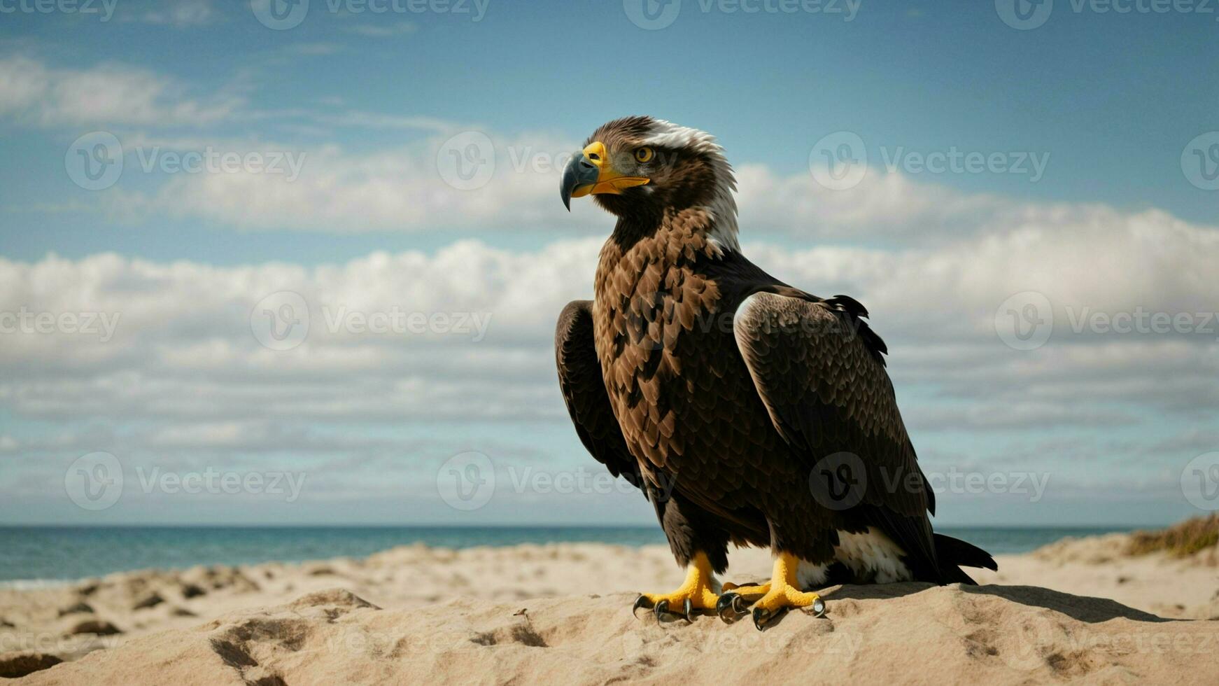A beautiful summer day with blue sky and a lone Steller's sea eagle over the beach AI Generative photo