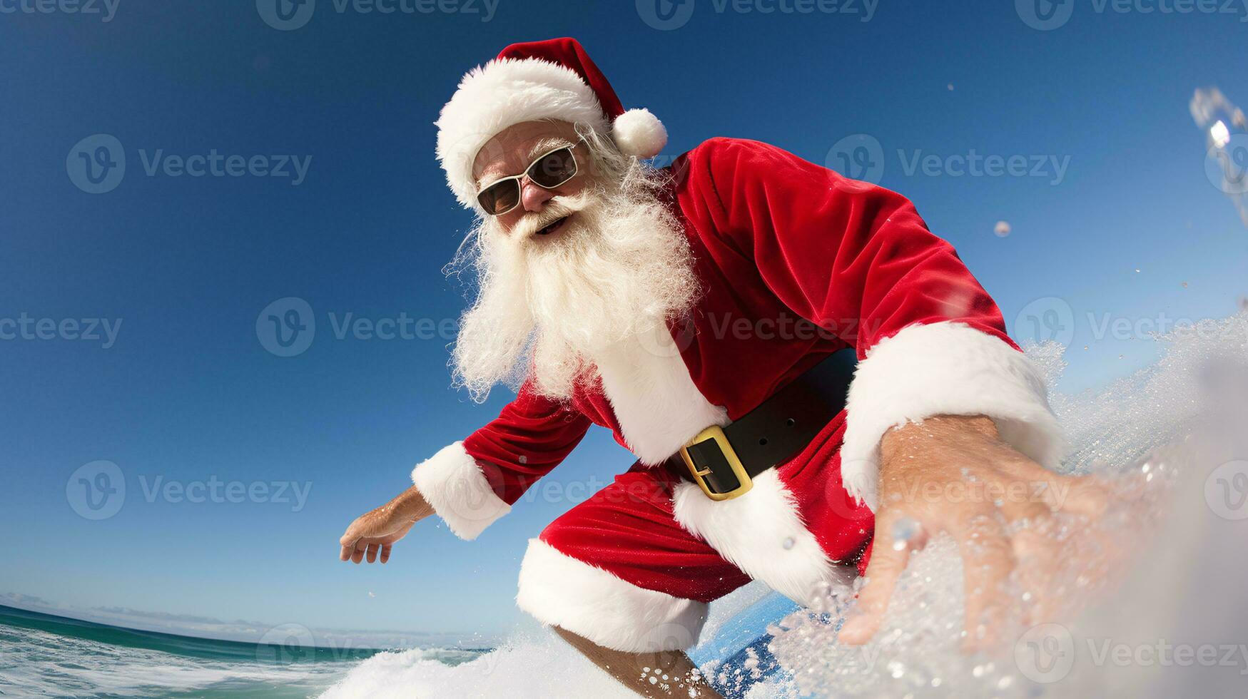 ai generative Santa on vacation surfing in the ocean photo