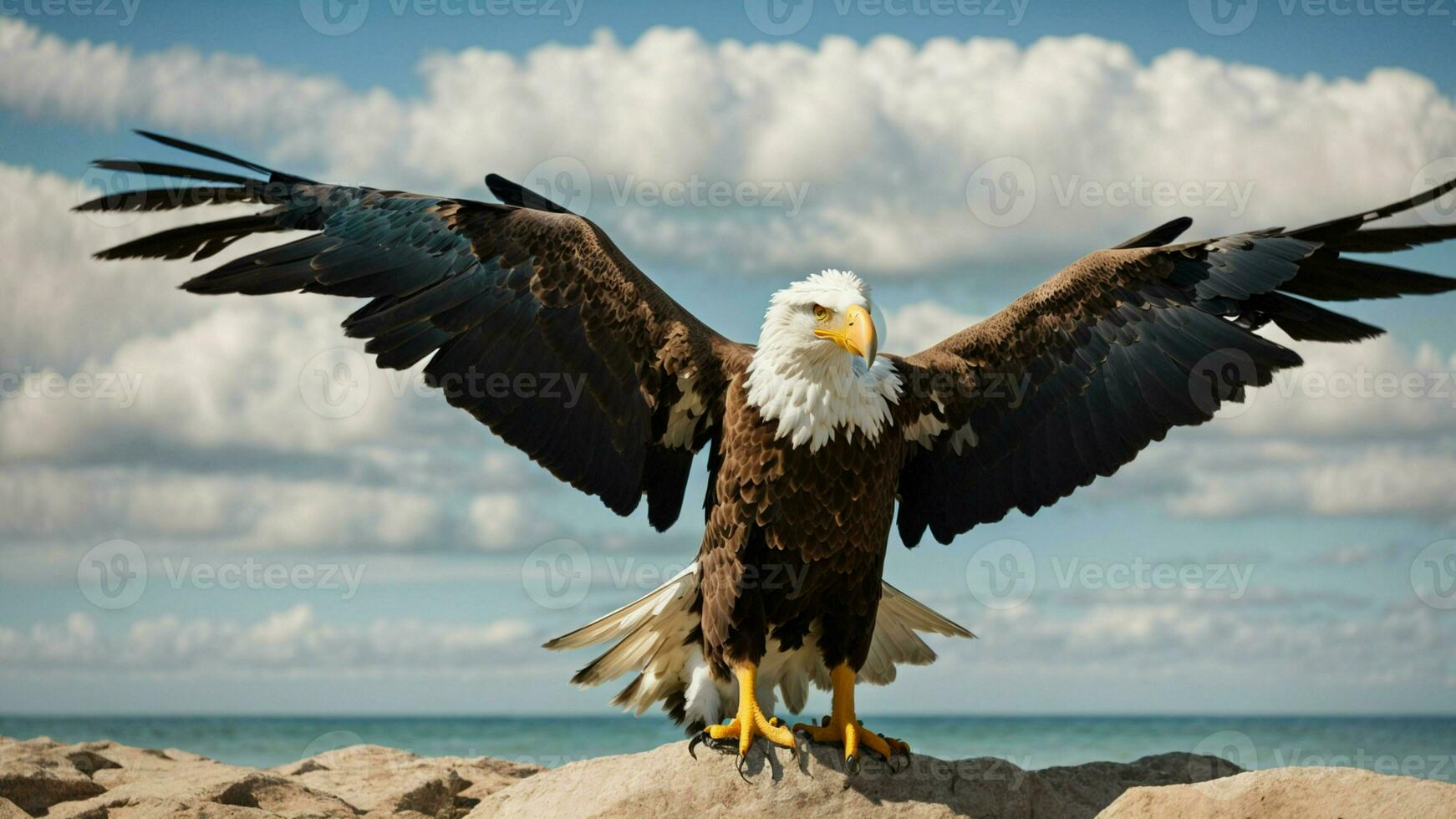 A beautiful summer day with blue sky and a lone Steller's sea eagle over the beach AI Generative photo
