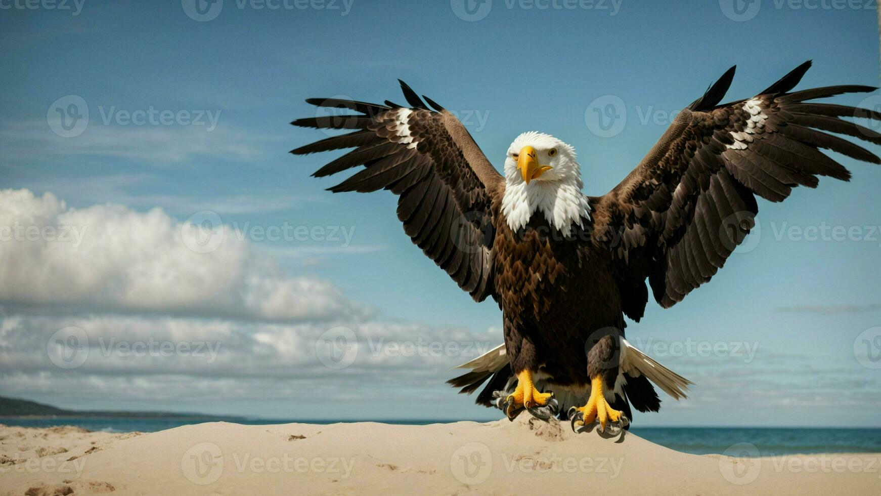 A beautiful summer day with blue sky and a lone Steller's sea eagle over the beach AI Generative photo