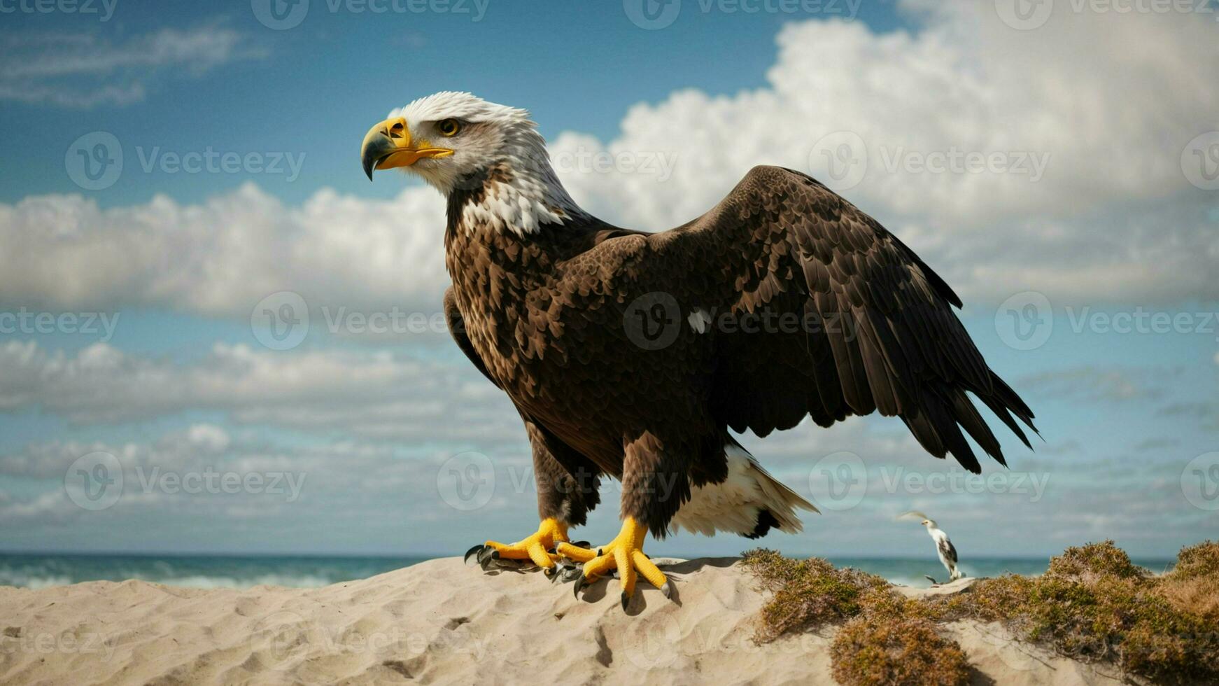 A beautiful summer day with blue sky and a lone Steller's sea eagle over the beach AI Generative photo