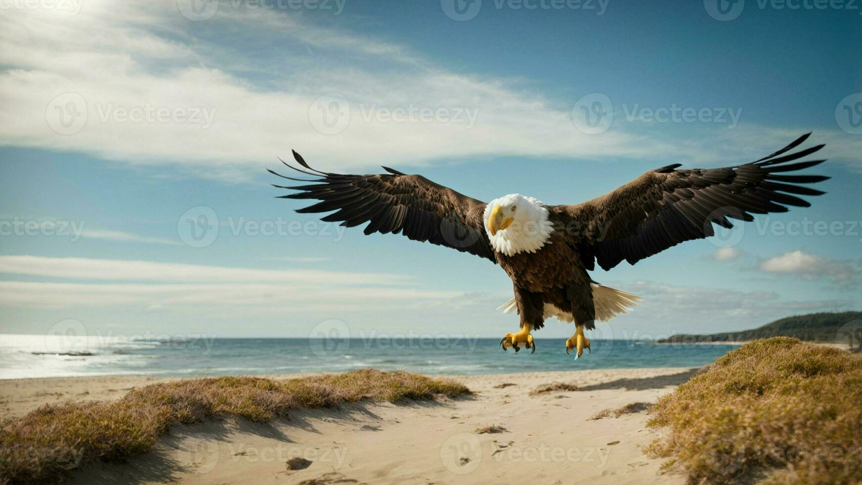 un hermosa verano día con azul cielo y un solitario de Steller mar águila terminado el playa ai generativo foto