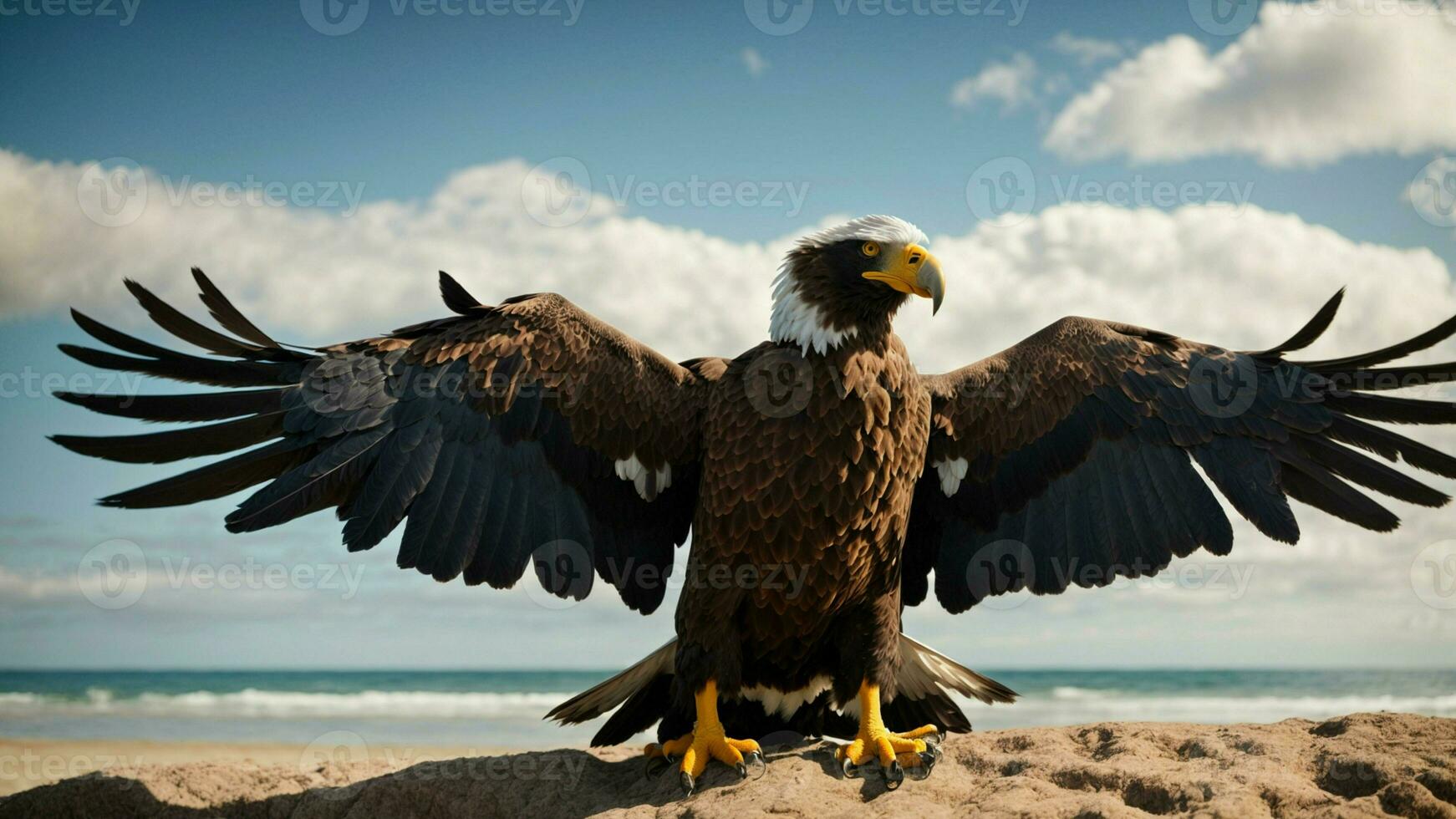 A beautiful summer day with blue sky and a lone Steller's sea eagle over the beach AI Generative photo
