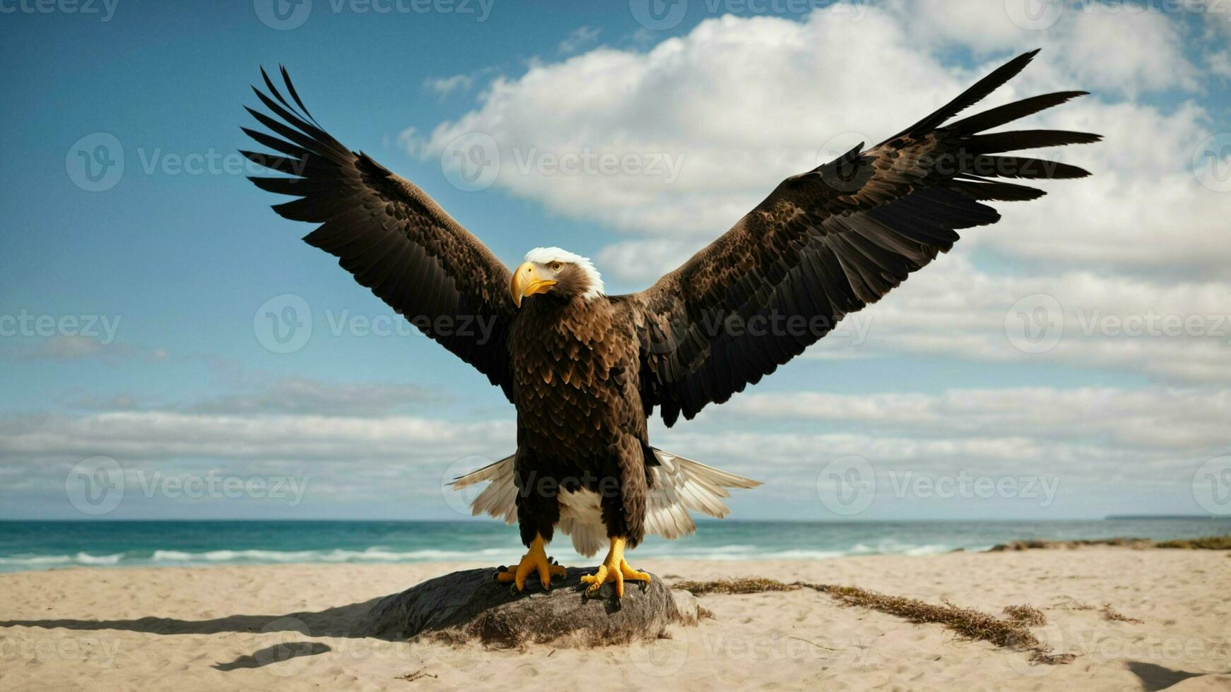 A beautiful summer day with blue sky and a lone Steller's sea eagle over the beach AI Generative photo