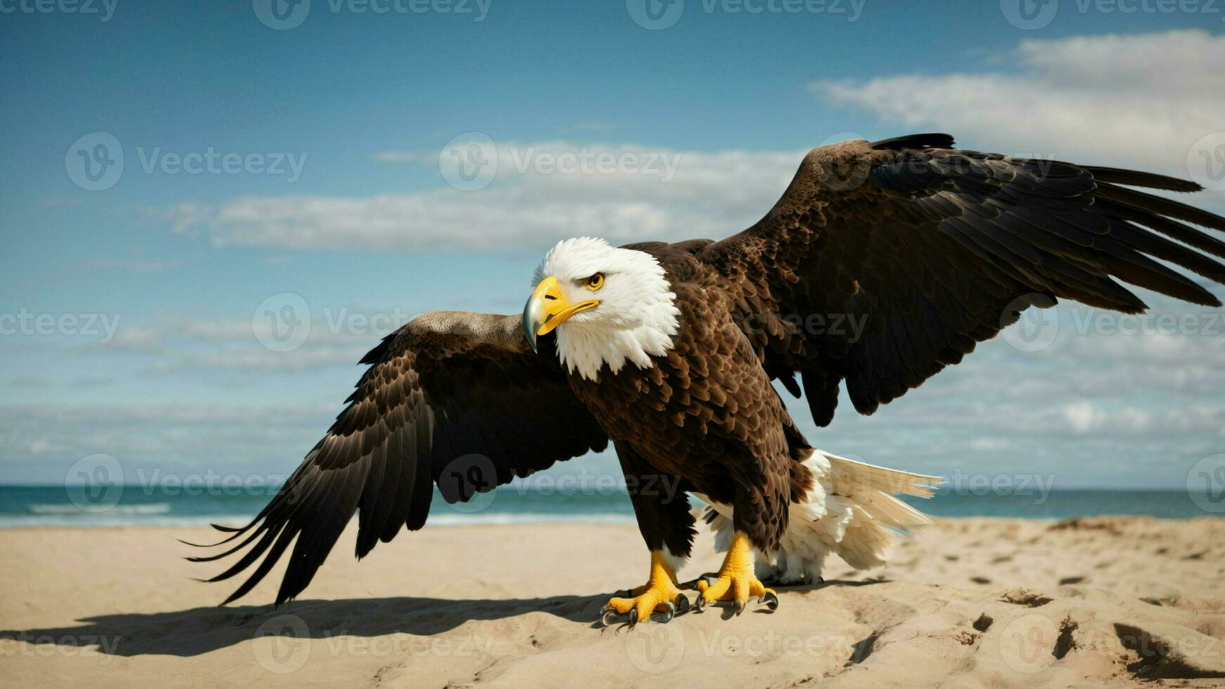 A beautiful summer day with blue sky and a lone Steller's sea eagle over the beach AI Generative photo