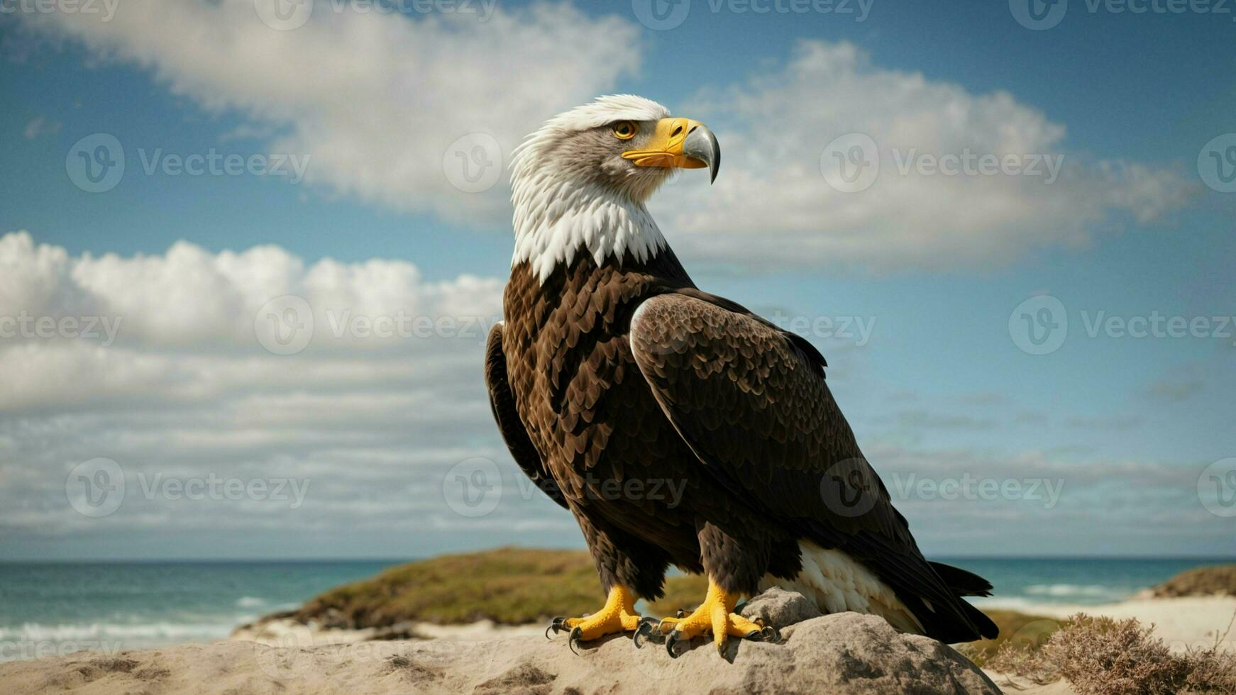 A beautiful summer day with blue sky and a lone Steller's sea eagle over the beach AI Generative photo