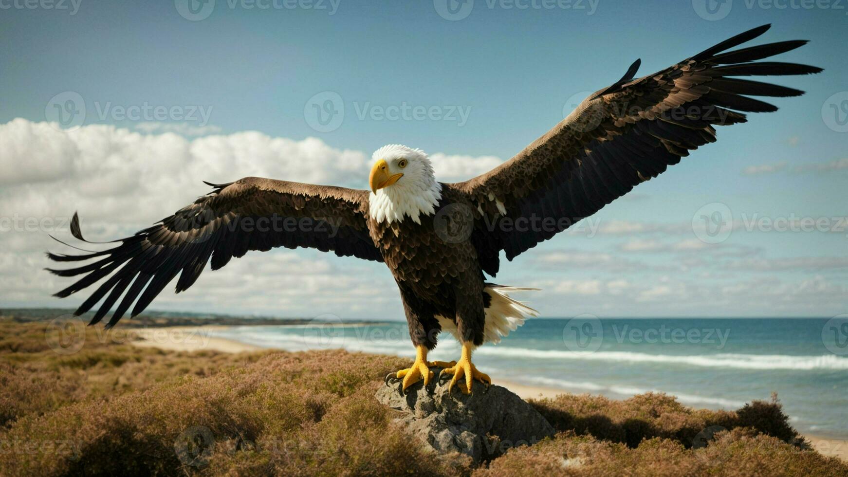 A beautiful summer day with blue sky and a lone Steller's sea eagle over the beach AI Generative photo
