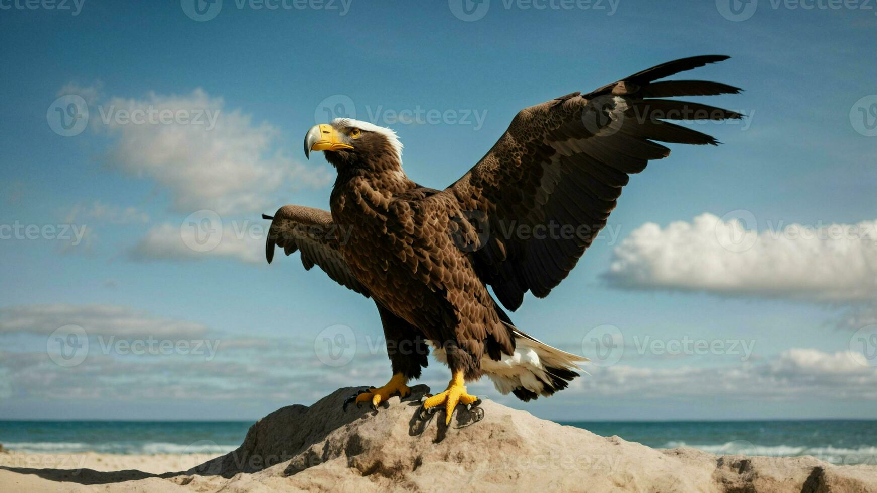 A beautiful summer day with blue sky and a lone Steller's sea eagle over the beach AI Generative photo