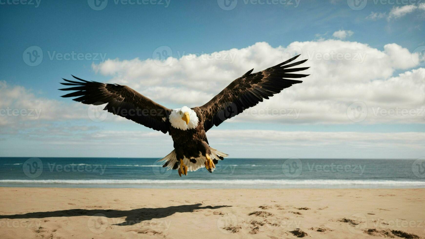 A beautiful summer day with blue sky and a lone Steller's sea eagle over the beach AI Generative photo