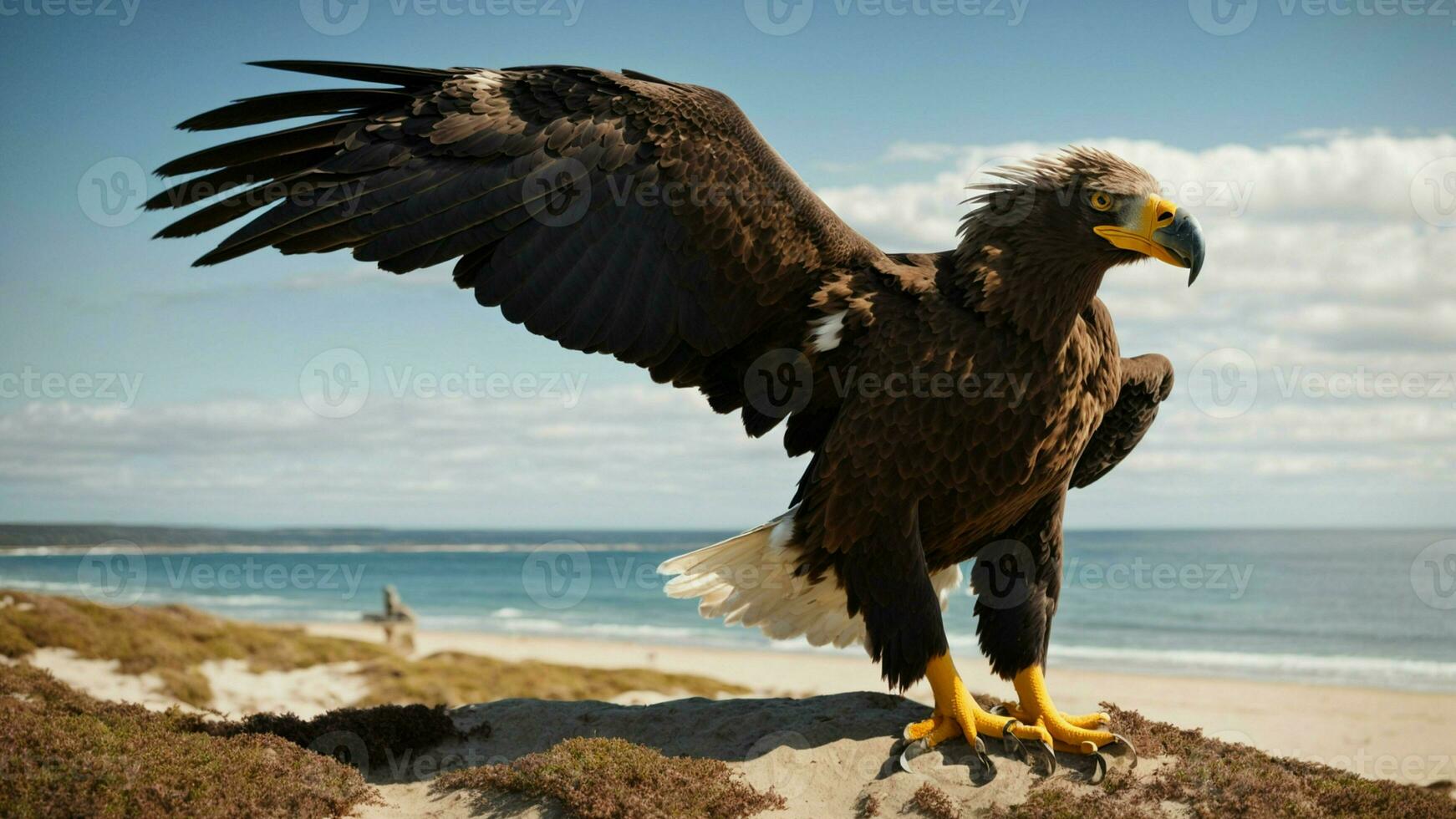 un hermosa verano día con azul cielo y un solitario de Steller mar águila terminado el playa ai generativo foto