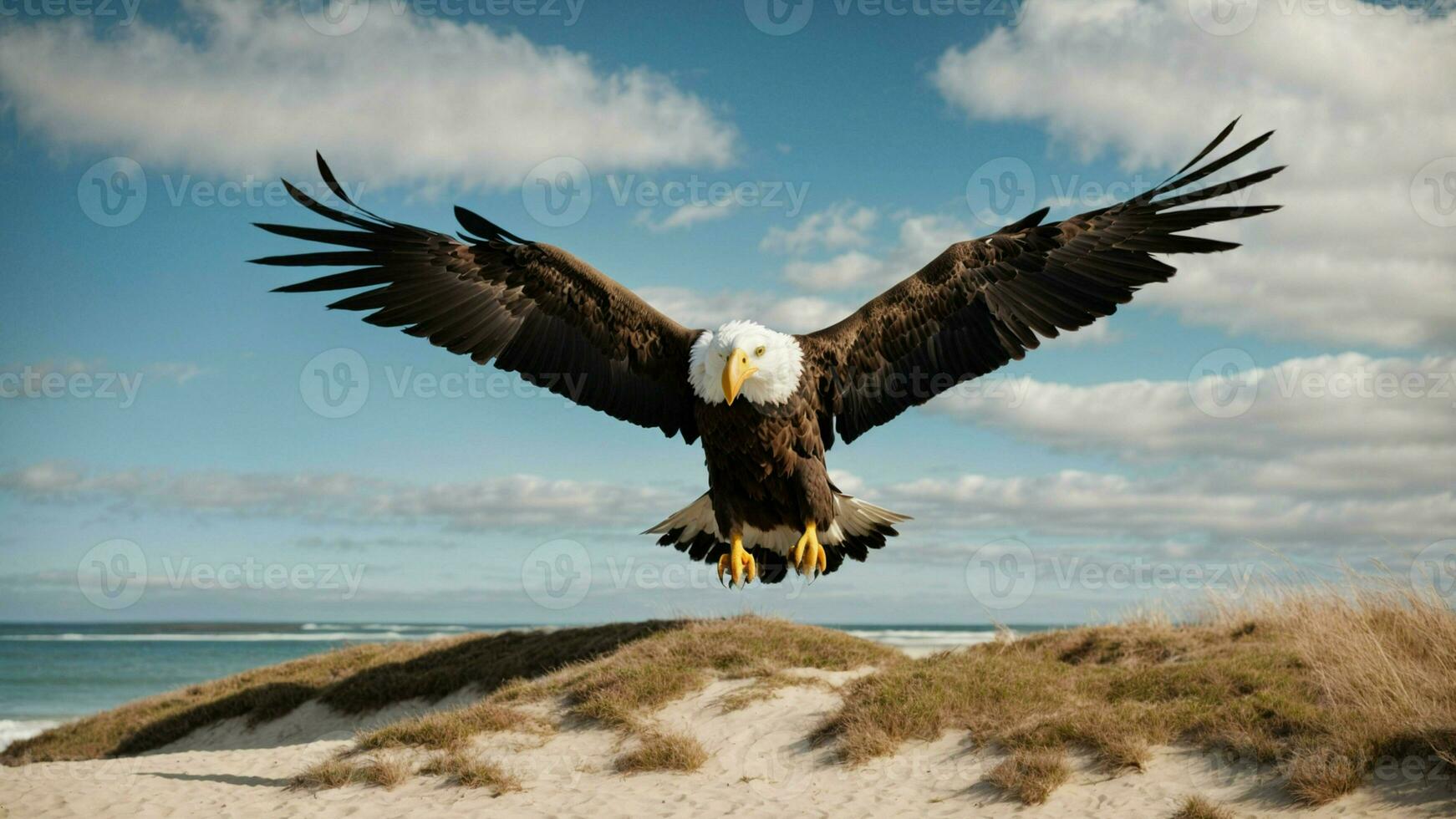 A beautiful summer day with blue sky and a lone Steller's sea eagle over the beach AI Generative photo