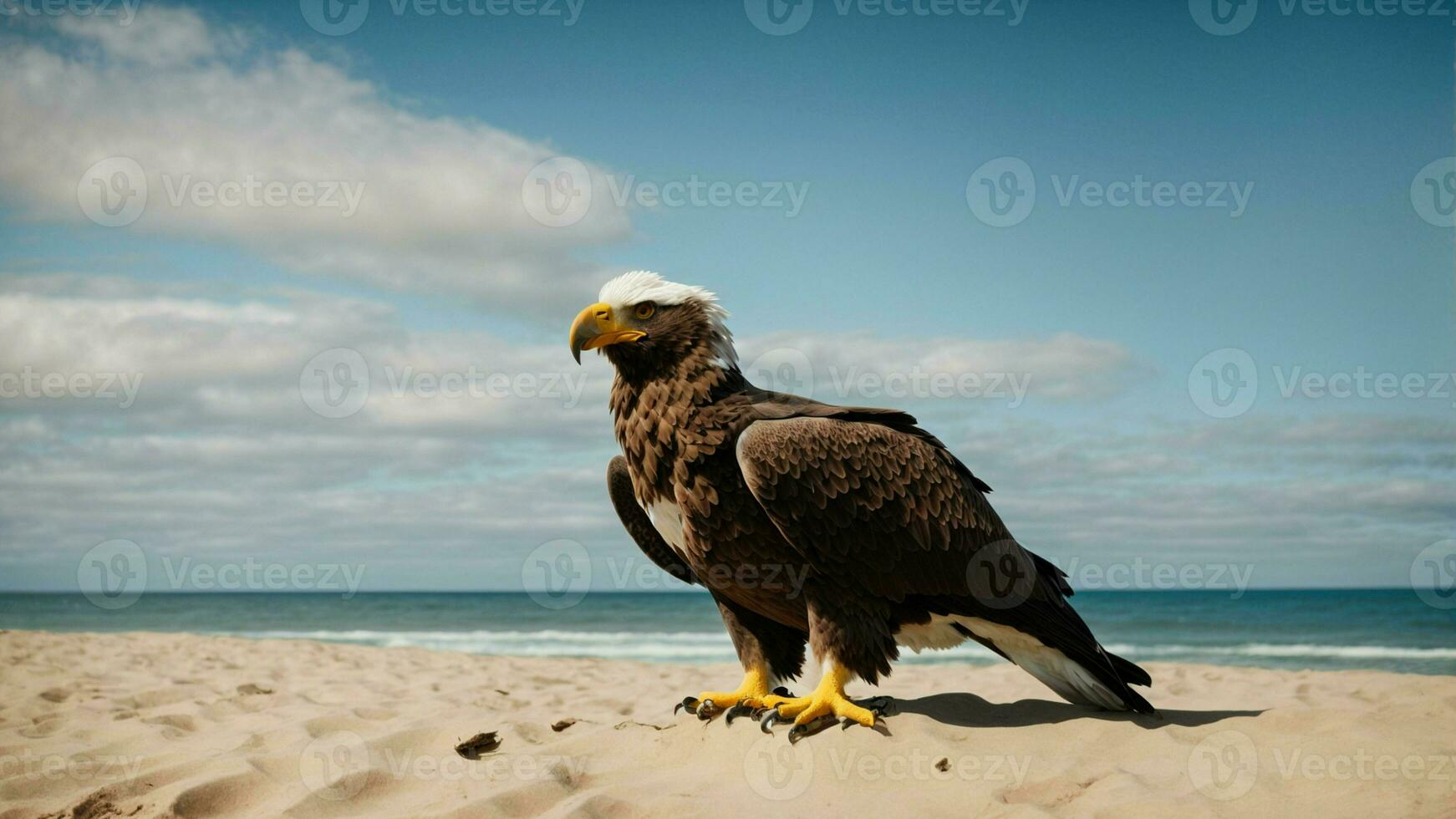 A beautiful summer day with blue sky and a lone Steller's sea eagle over the beach AI Generative photo