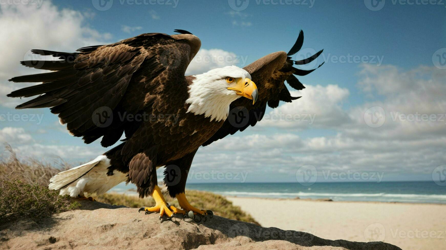 A beautiful summer day with blue sky and a lone Steller's sea eagle over the beach AI Generative photo