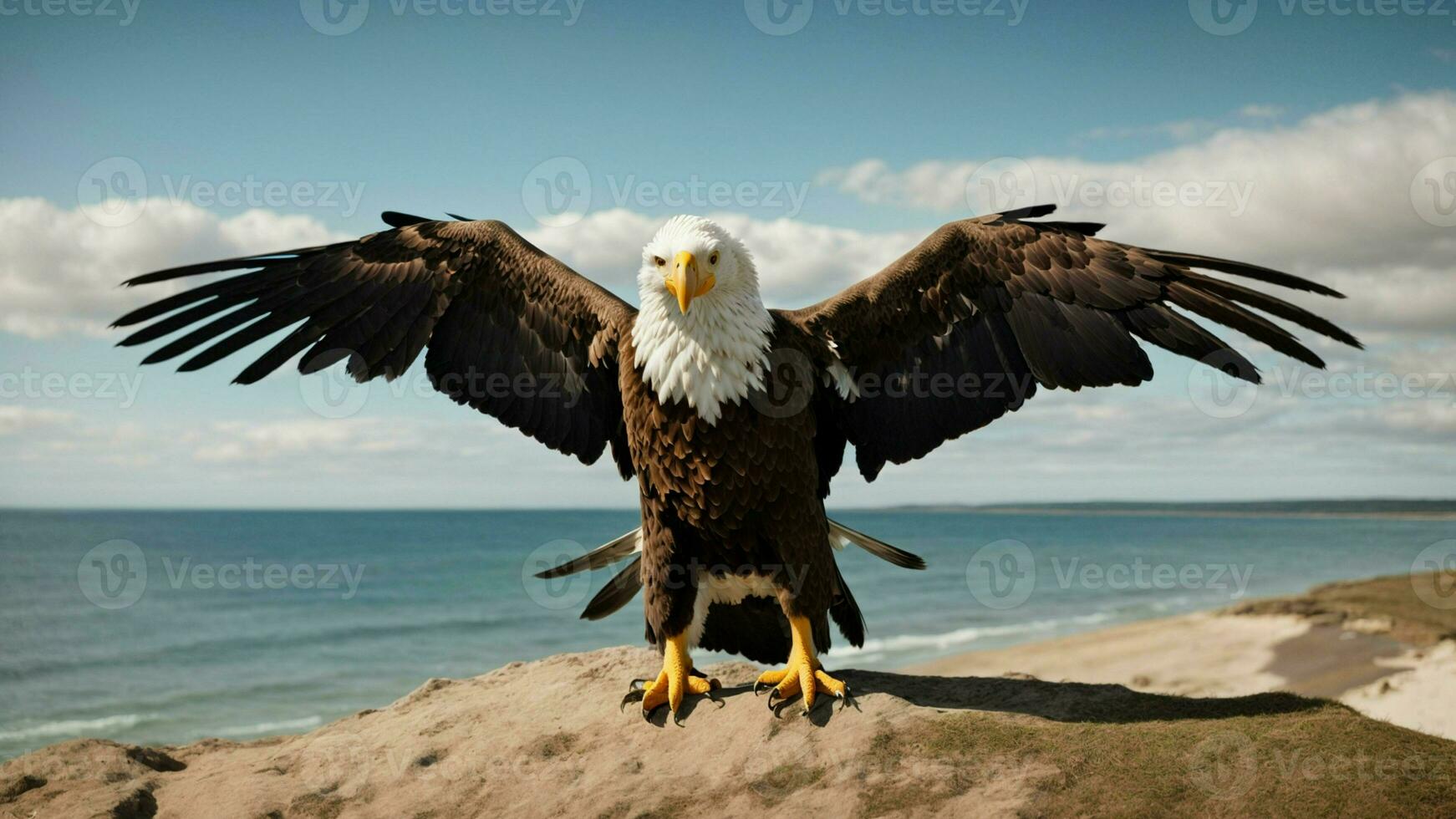 A beautiful summer day with blue sky and a lone Steller's sea eagle over the beach AI Generative photo