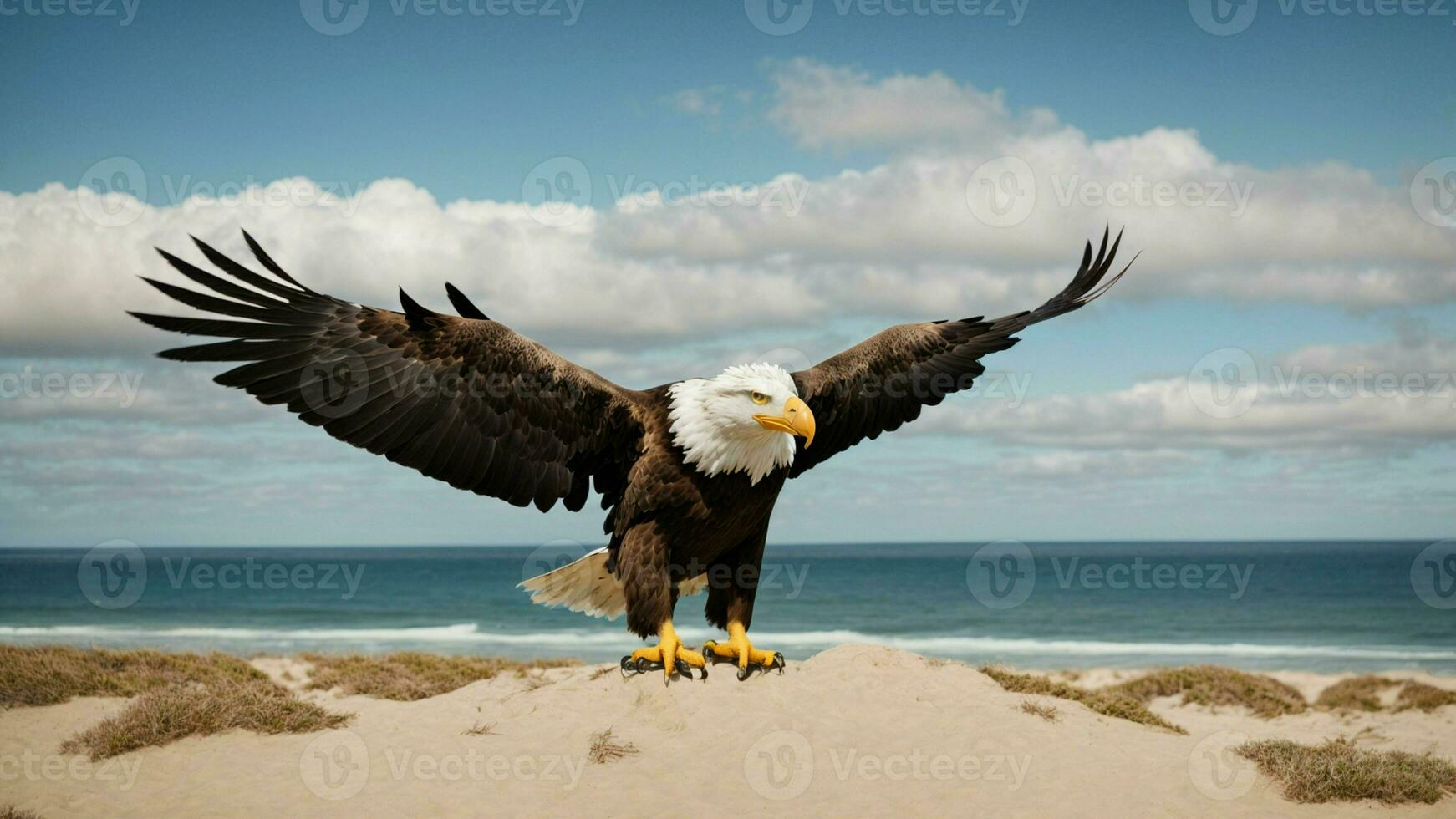 A beautiful summer day with blue sky and a lone Steller's sea eagle over the beach AI Generative photo