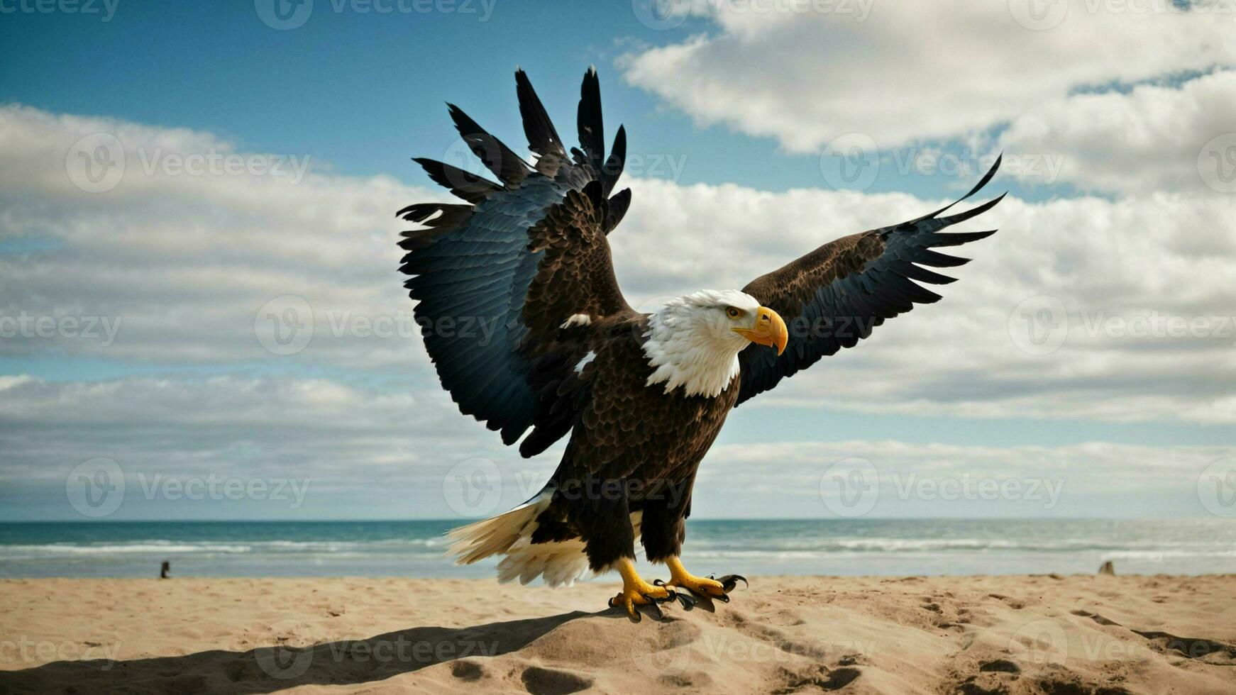 A beautiful summer day with blue sky and a lone Steller's sea eagle over the beach AI Generative photo