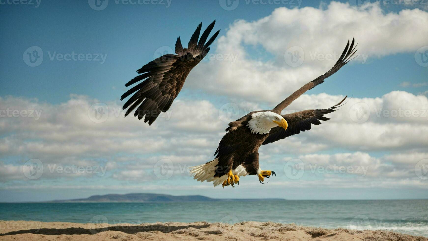 A beautiful summer day with blue sky and a lone Steller's sea eagle over the beach AI Generative photo