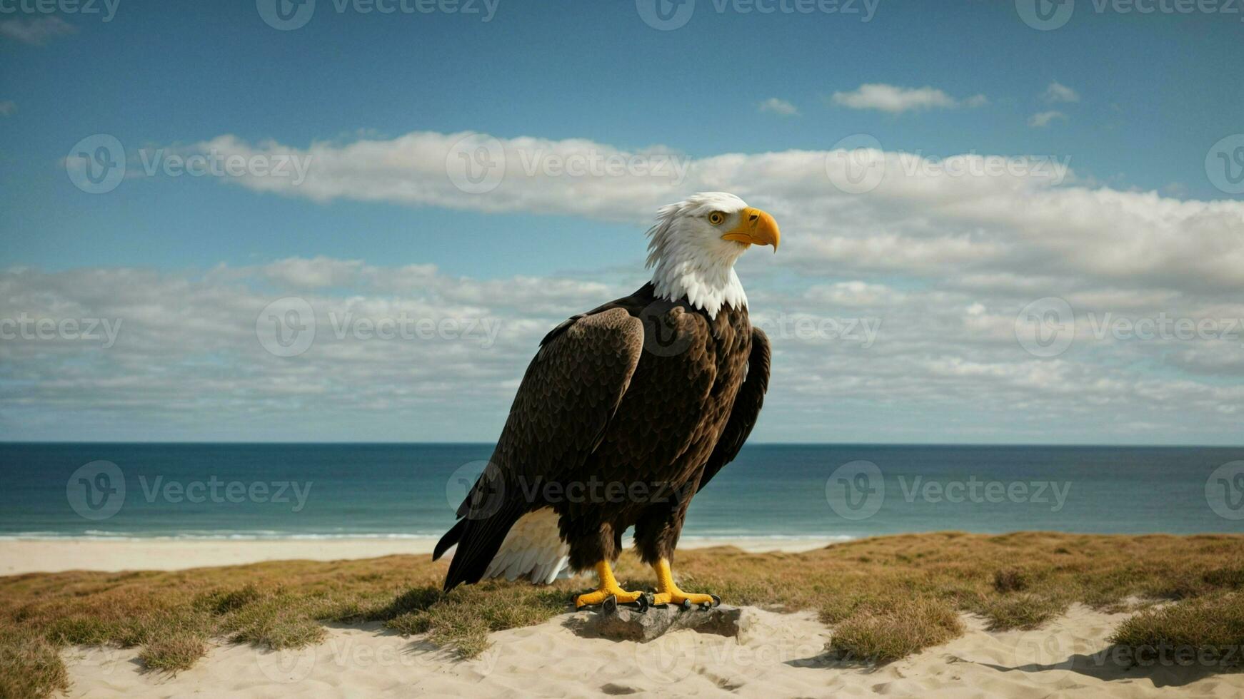 A beautiful summer day with blue sky and a lone Steller's sea eagle over the beach AI Generative photo