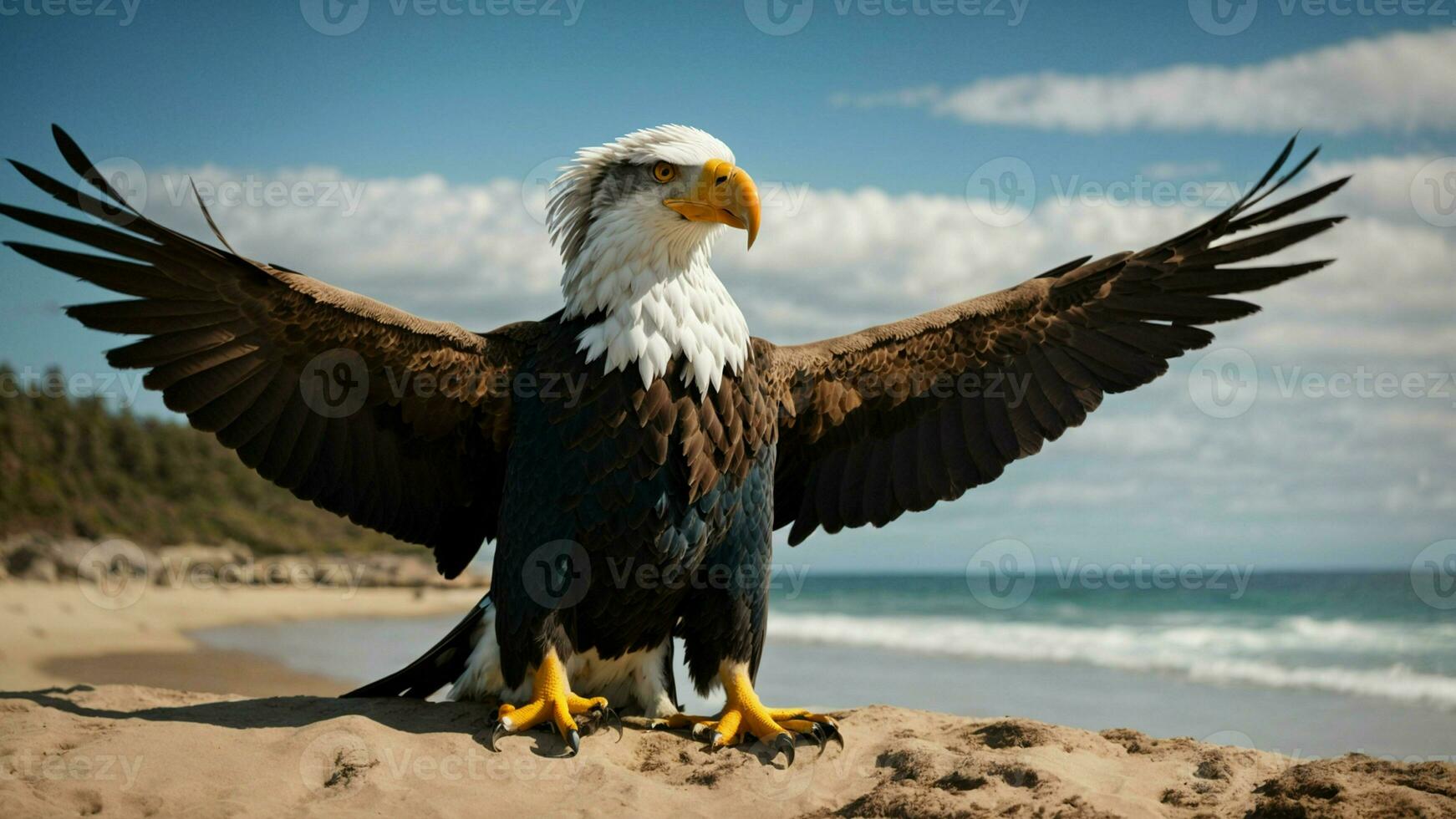 A beautiful summer day with blue sky and a lone Steller's sea eagle over the beach AI Generative photo