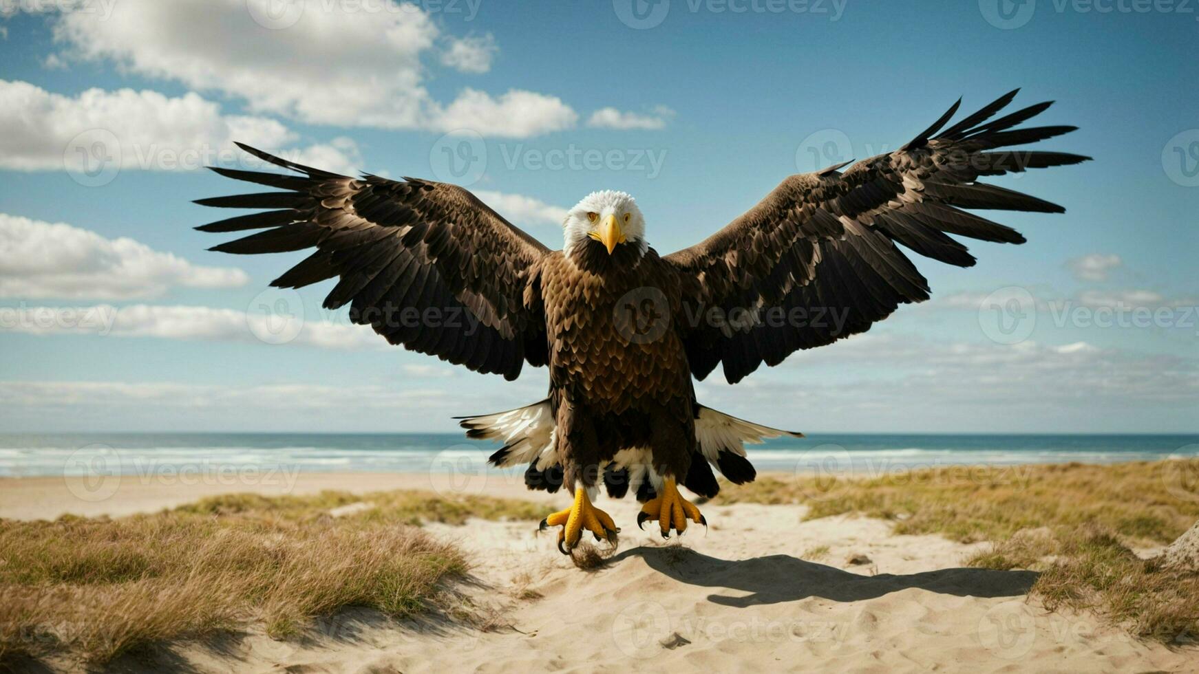 A beautiful summer day with blue sky and a lone Steller's sea eagle over the beach AI Generative photo
