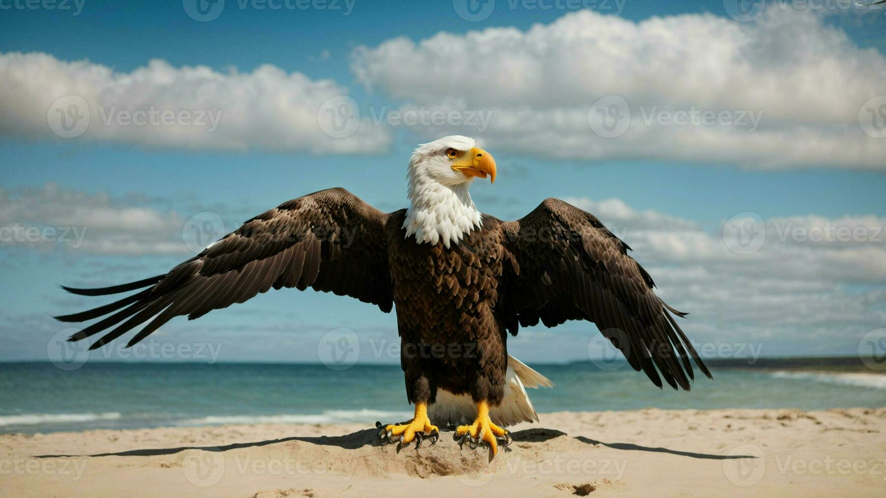 A beautiful summer day with blue sky and a lone Steller's sea eagle over the beach AI Generative photo