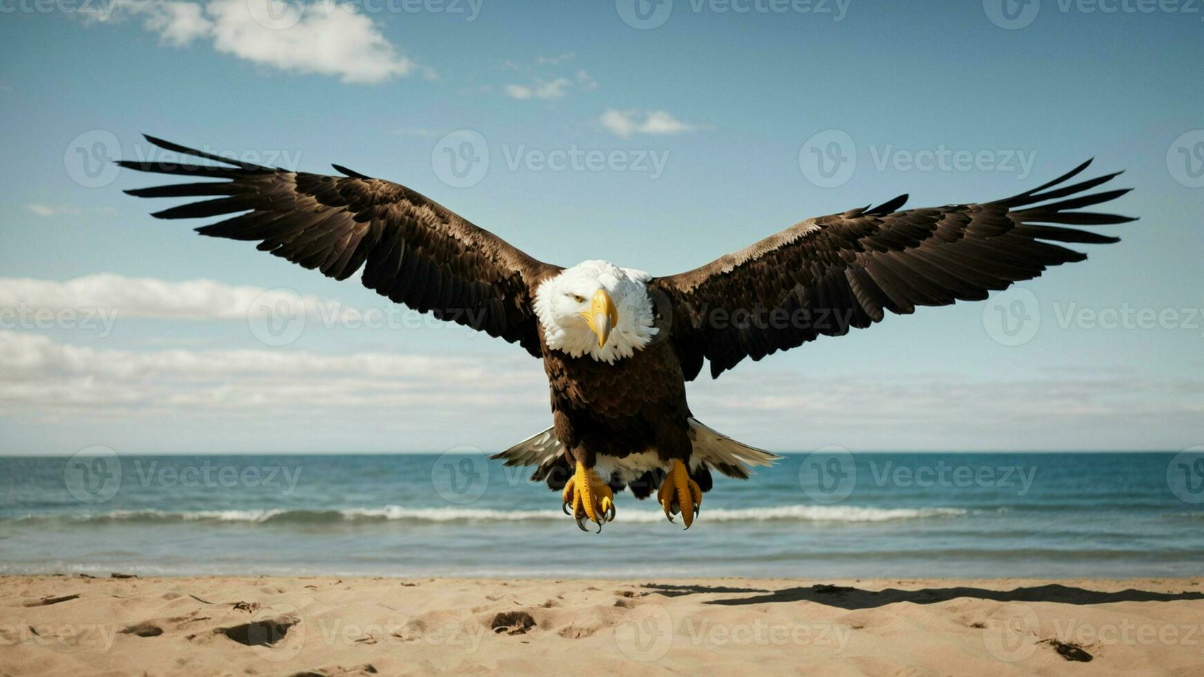 A beautiful summer day with blue sky and a lone Steller's sea eagle over the beach AI Generative photo