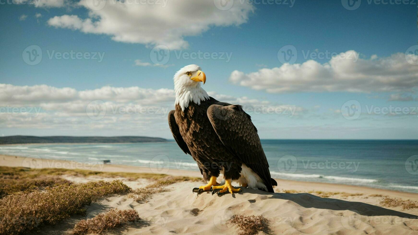 A beautiful summer day with blue sky and a lone Steller's sea eagle over the beach AI Generative photo