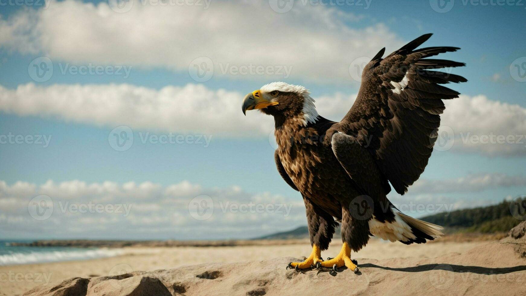 A beautiful summer day with blue sky and a lone Steller's sea eagle over the beach AI Generative photo