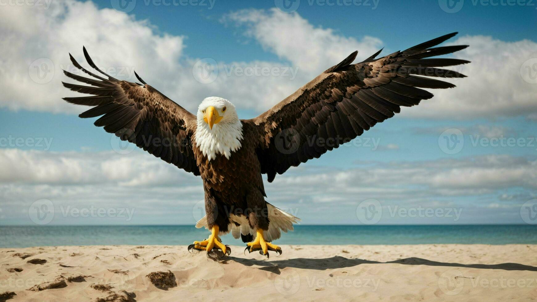 A beautiful summer day with blue sky and a lone Steller's sea eagle over the beach AI Generative photo