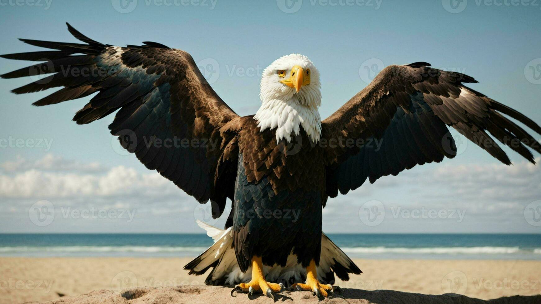 A beautiful summer day with blue sky and a lone Steller's sea eagle over the beach AI Generative photo