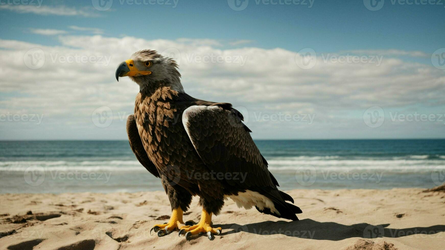 A beautiful summer day with blue sky and a lone Steller's sea eagle over the beach AI Generative photo