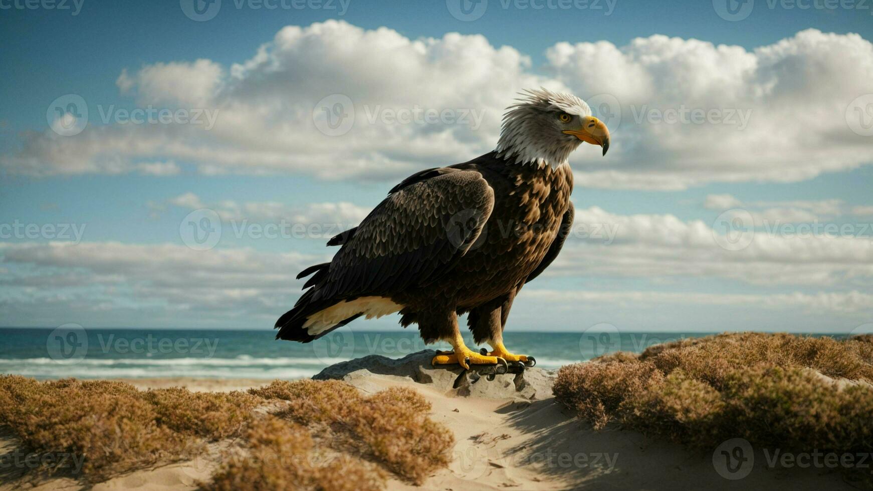 A beautiful summer day with blue sky and a lone Steller's sea eagle over the beach AI Generative photo