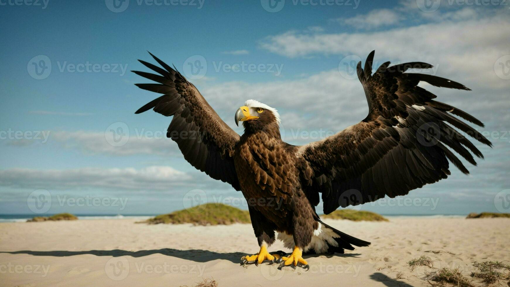A beautiful summer day with blue sky and a lone Steller's sea eagle over the beach AI Generative photo