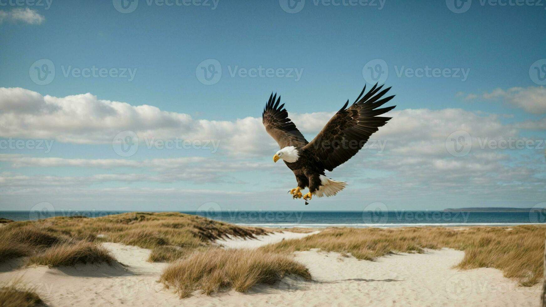 A beautiful summer day with blue sky and a lone Steller's sea eagle over the beach AI Generative photo