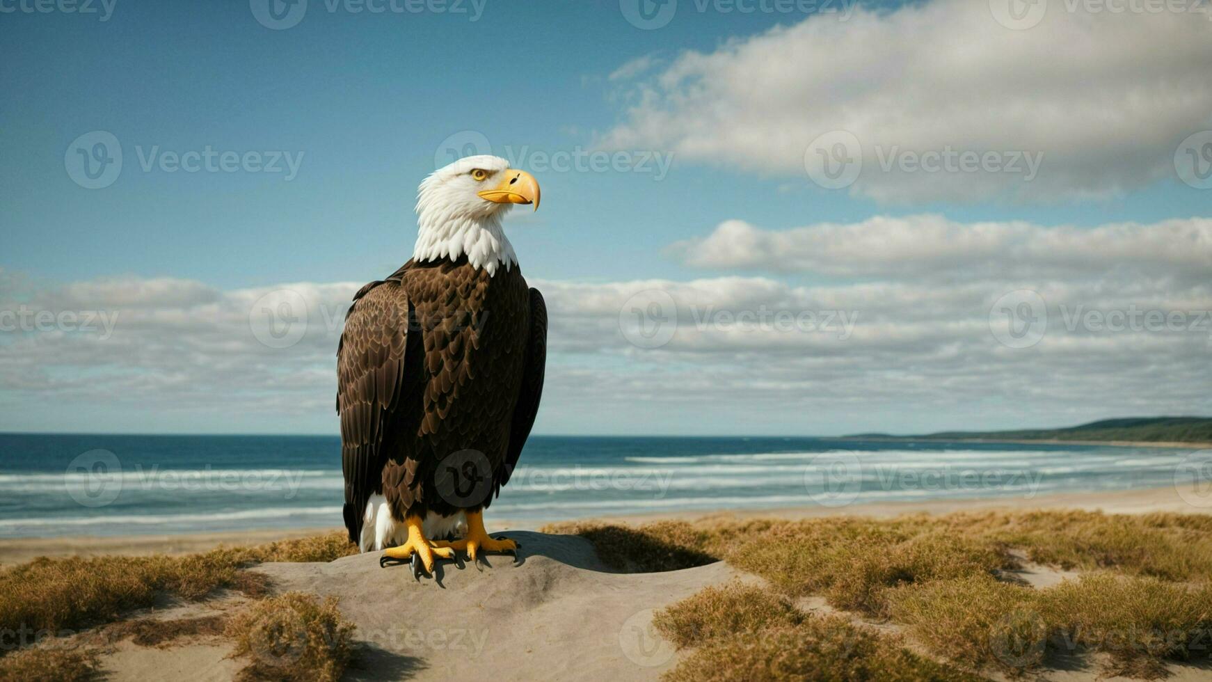 A beautiful summer day with blue sky and a lone Steller's sea eagle over the beach AI Generative photo