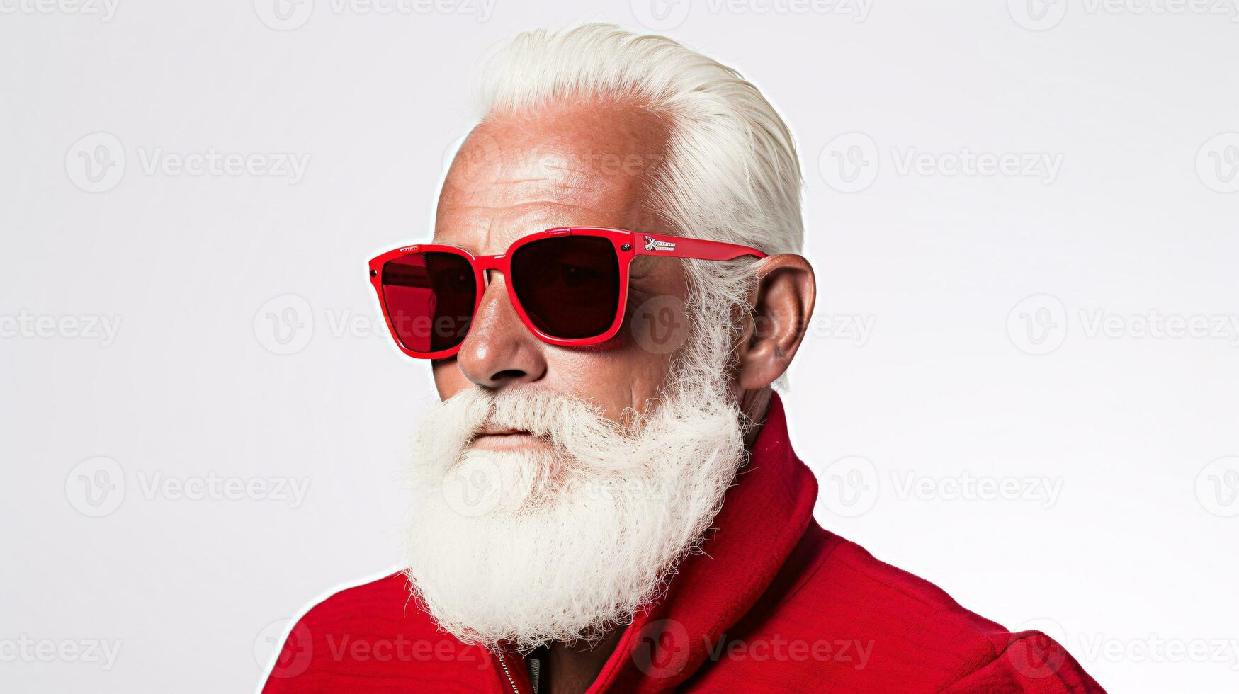 ai generativo cerca arriba retrato de frio hipster Papa Noel con sombras, Gafas de sol foto