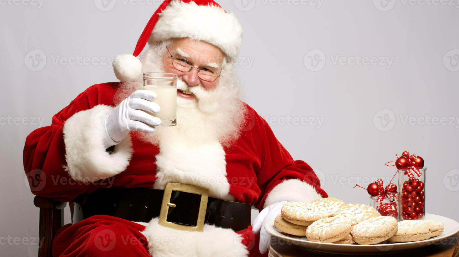 ai generativo contento Papa Noel claus comiendo Leche y galletas foto