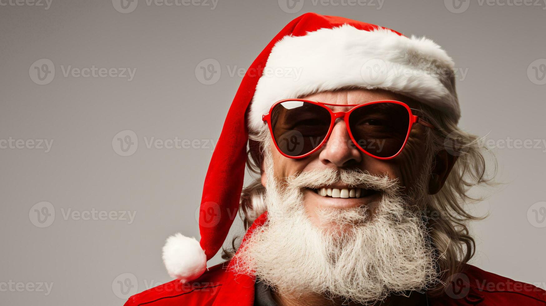 ai generativo cerca arriba retrato de frio hipster Papa Noel con sombras, Gafas de sol foto