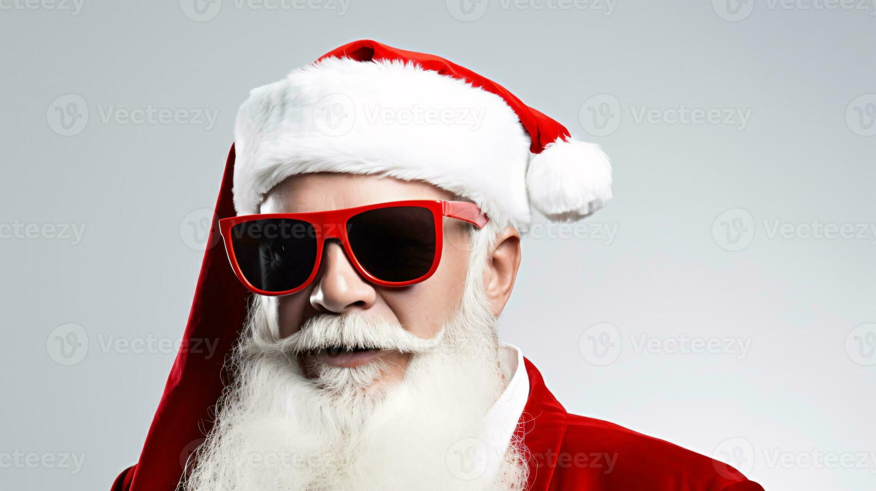 ai generativo cerca arriba retrato de frio hipster Papa Noel con sombras, Gafas de sol foto