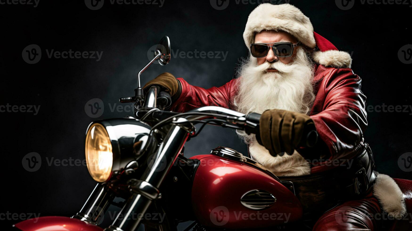 ai generative  Cool biker santa with sunglasses on a motorbike photo