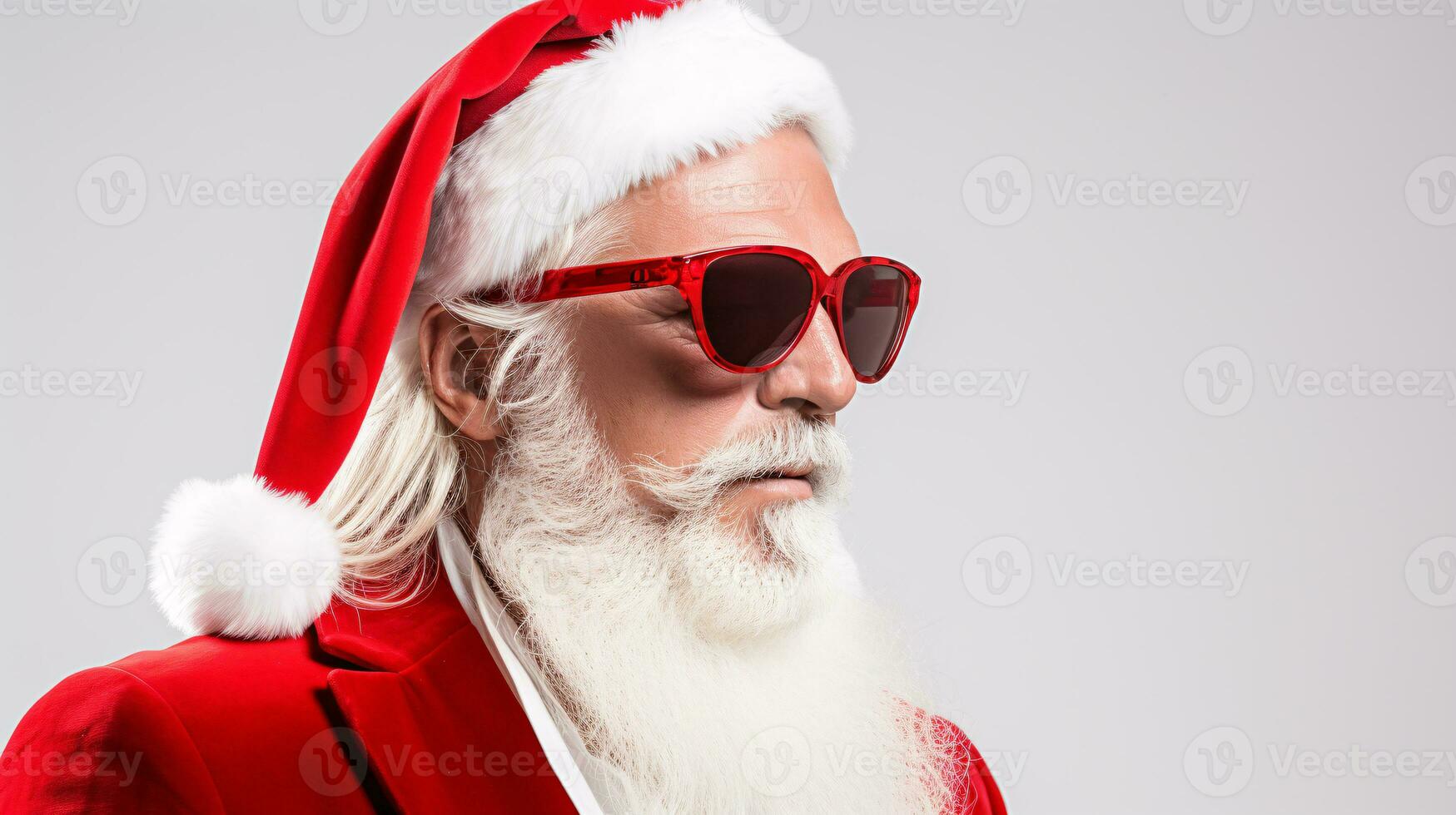 ai generativo cerca arriba retrato de frio hipster Papa Noel con sombras, Gafas de sol foto