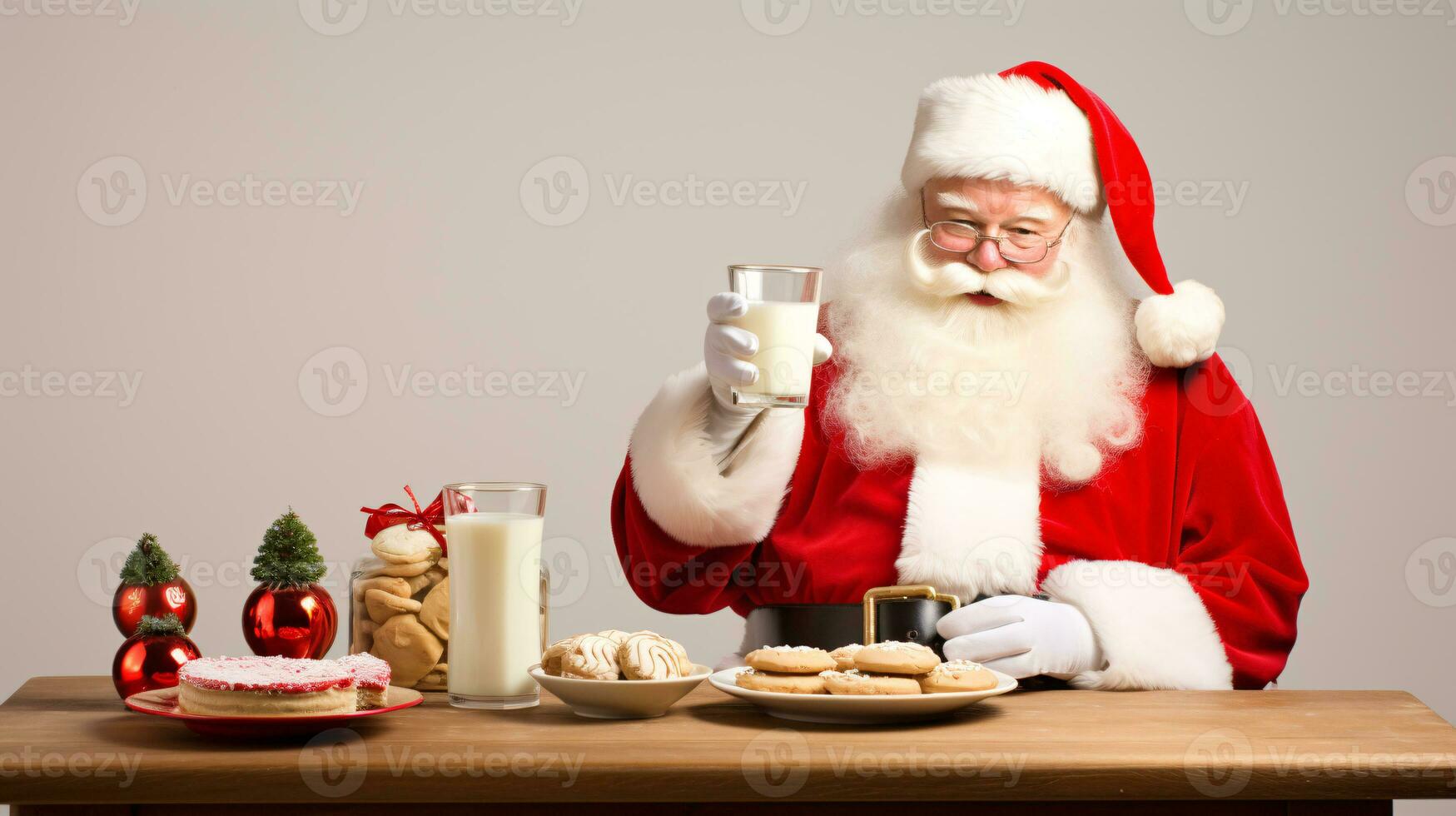 ai generativo contento Papa Noel claus comiendo Leche y galletas foto