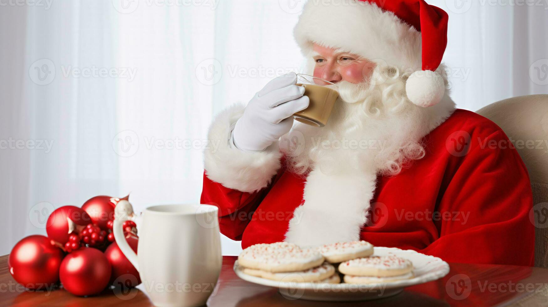 ai generativo contento Papa Noel claus comiendo Leche y galletas foto